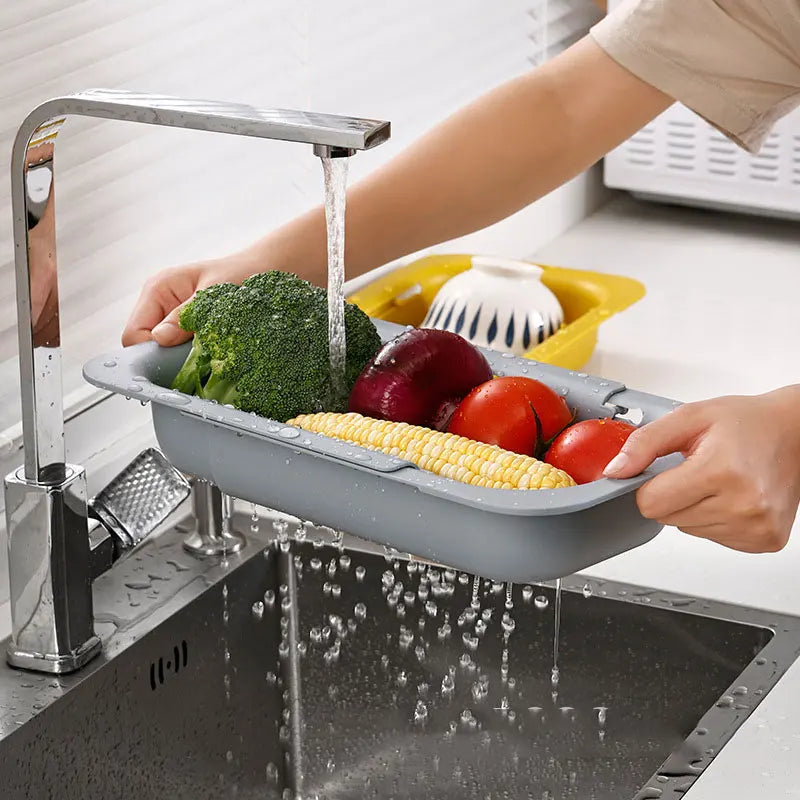 Sink Drain Rack – Adjustable Retractable Kitchen Shelf with Plastic Drain Basket