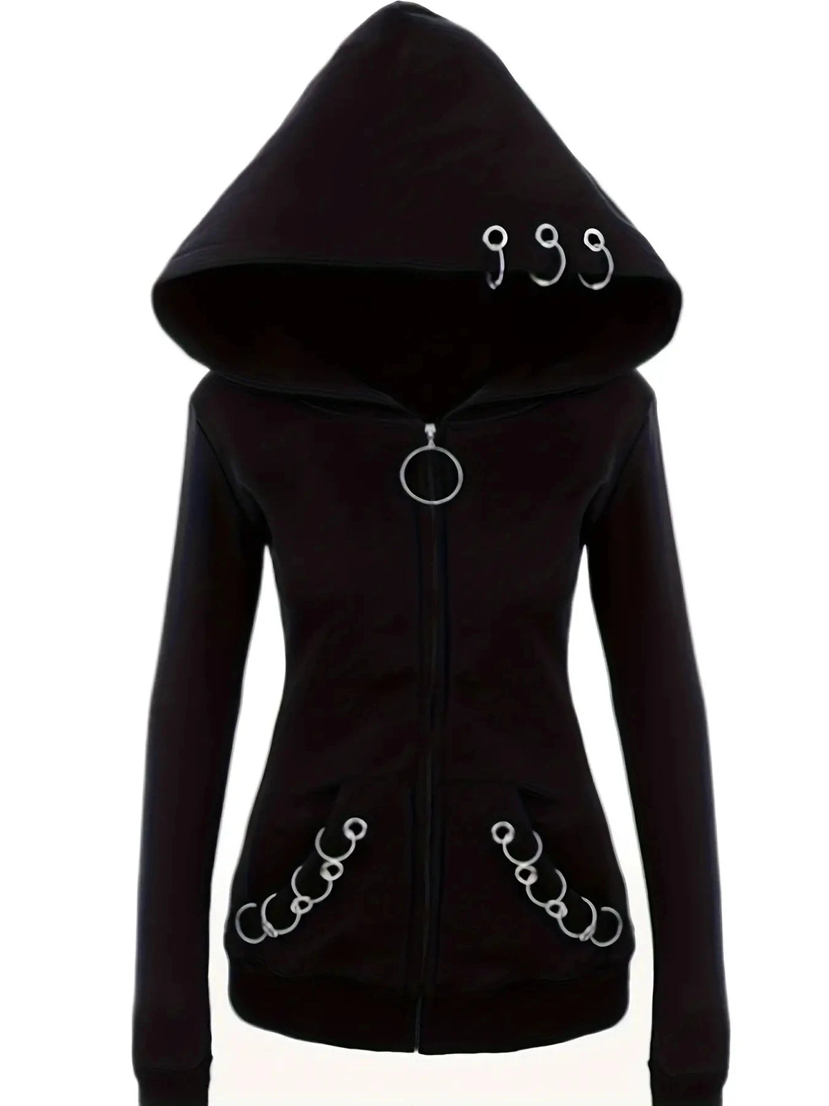 Gothic Punk Womens Full-Zip Hooded Sweatshirt - Allure-Enhancing Long Sleeves Timeless Solid Black, Fashion-Forward Design - Em