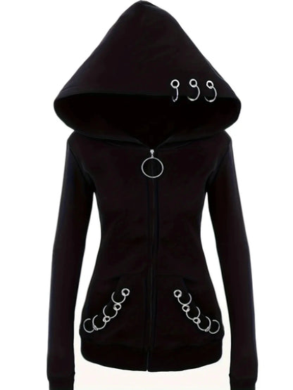 Gothic Punk Womens Full-Zip Hooded Sweatshirt - Allure-Enhancing Long Sleeves Timeless Solid Black, Fashion-Forward Design - Em