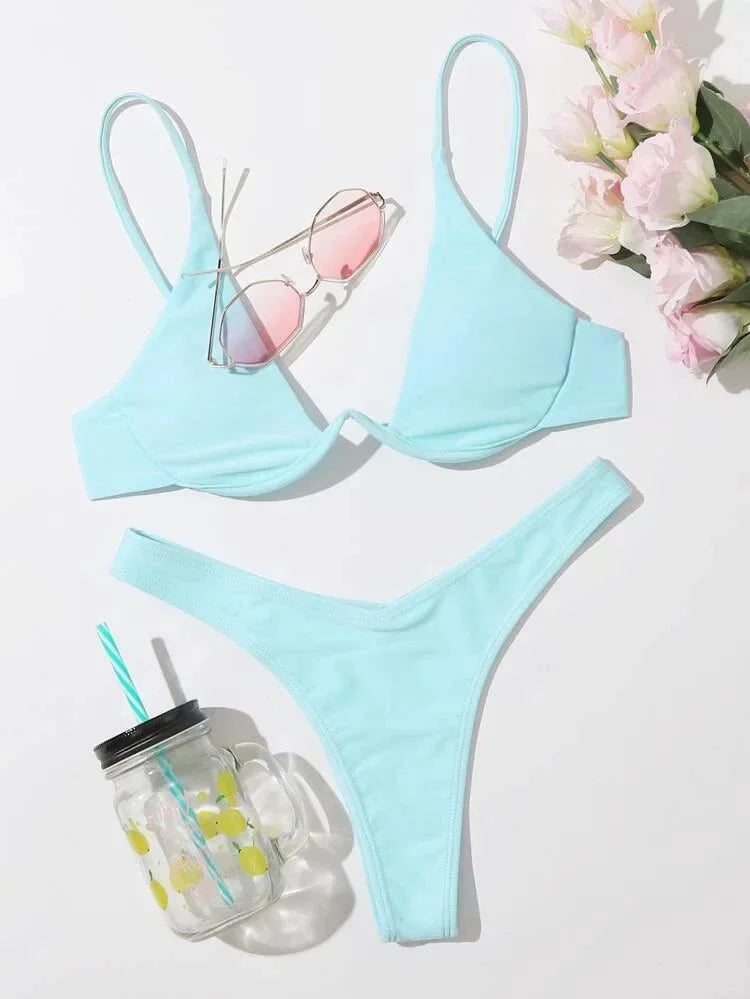 2026 Summer New Two Piece Women's Solid Color Sexy Bareback Bikini Split Swimsuit Bikini Set High Waist Beach Vacation
