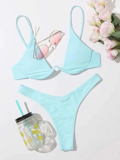 2026 Summer New Two Piece Women's Solid Color Sexy Bareback Bikini Split Swimsuit Bikini Set High Waist Beach Vacation