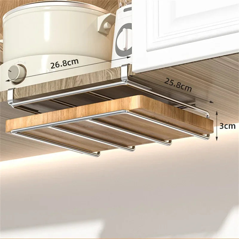 Kitchen Organizer Rack - Stainless Steel Hanging Kitchen Rack with Hooks for Cutting Board, Paper Towel & Pot Lid Storage