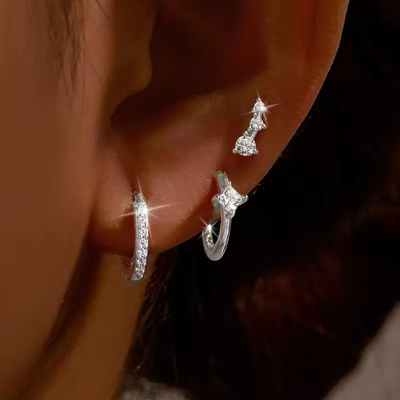 Square Zirconia Hoop Earrings Set – 3 Pairs, Stainless Steel