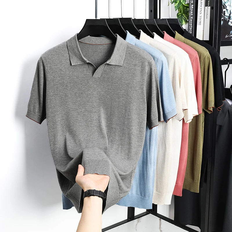 100%  Lyocell Knitwear 2025 Men Spring Summer Trendy Turn Down Collar Knit Tees Short Sleeve Breathable Knit Tops