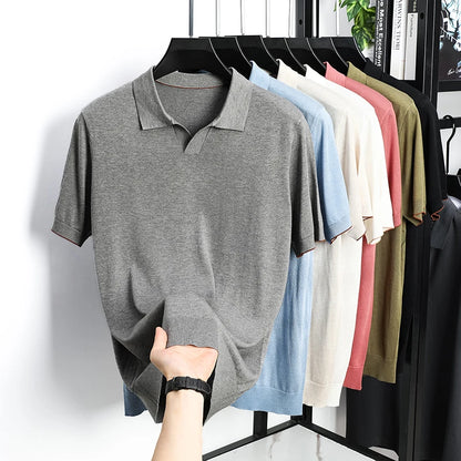 100%  Lyocell Knitwear 2025 Men Spring Summer Trendy Turn Down Collar Knit Tees Short Sleeve Breathable Knit Tops