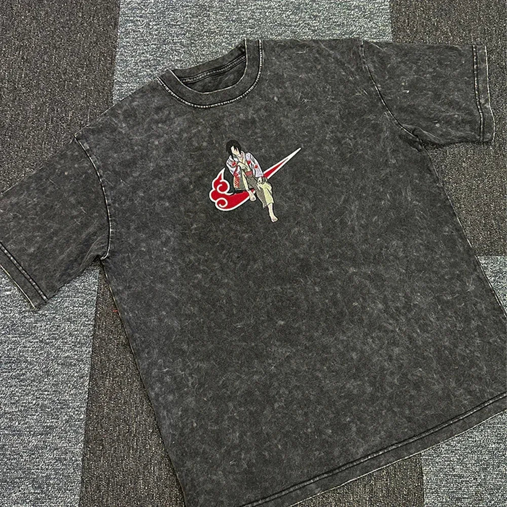 Men Streetwear Tshirt Japanese Naruto Anime Graphic T-Shirt Cotton Harajuku Washed T Shirt Summer Hip Hop Tops Tees Black