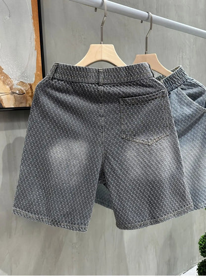Men's Denim Shorts - Retro Jacquard Washed Casual Summer Five-Minute Pants