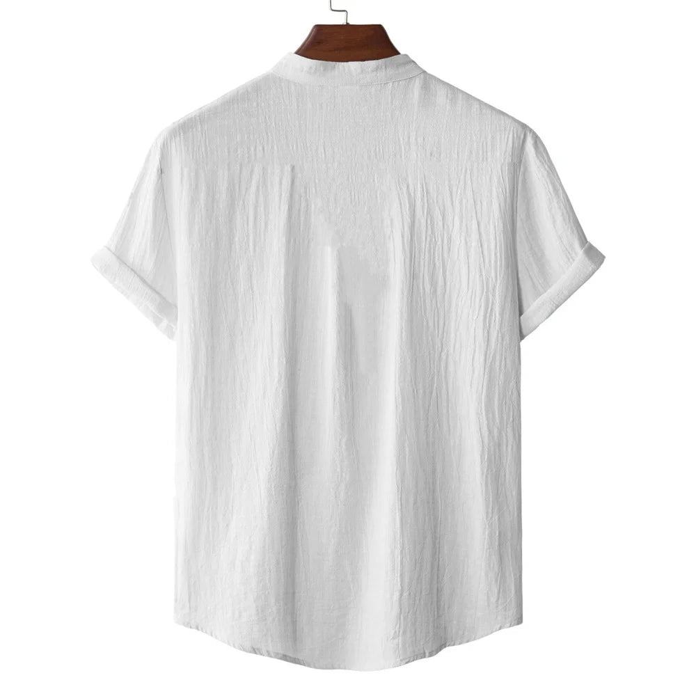 Men's Summer Cotton Linen T-shirt Beach Style Short SLeeve Henley Neck Vacation Hawaii Casual Lightweight Breathable Cozy Tops