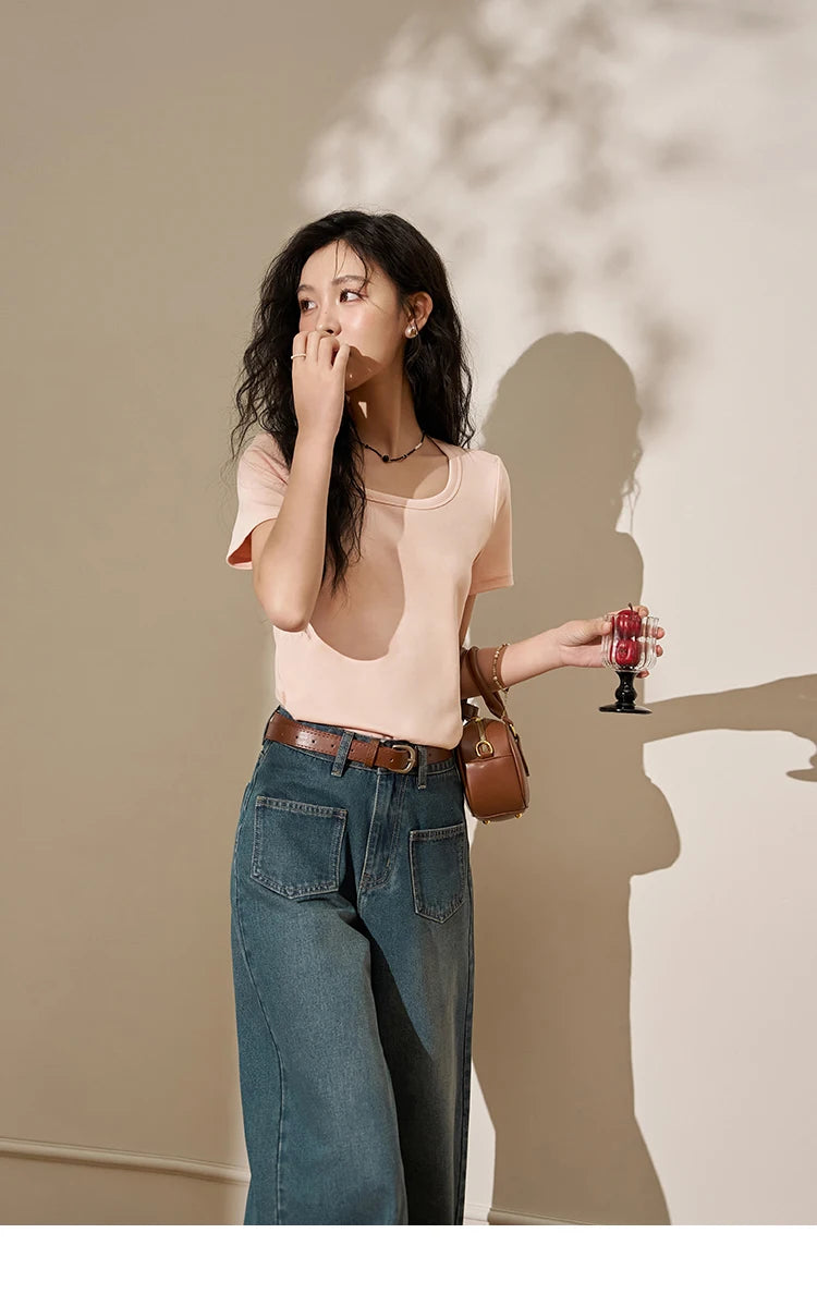 Women's Square-Neck T-Shirt – Elegant Cotton Short-Sleeve Top