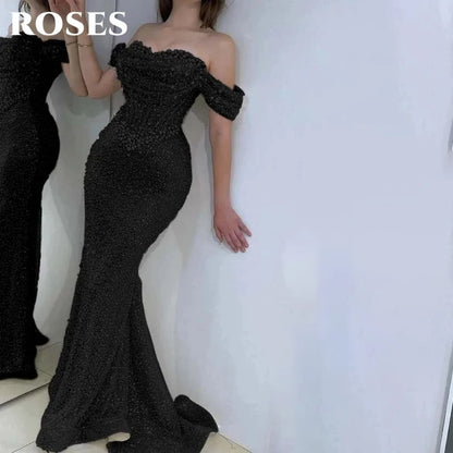 Prom Dress Off Shoulder - Custom Mermaid Trumpet Gown With Pearls & Sequins