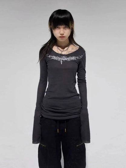 Seeslim Gothic Graphic T Shirts Women Long Sleeve Korean Fashion 2000s Clothes Y2k Slim Spring Autumn Tops Tees Female Clothing