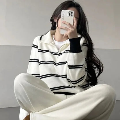 Korean Style Lazy Striped Zipper Color Block Long Sleeve Women's Soft Sweater Autumn Winter New Design Knitted Shirt