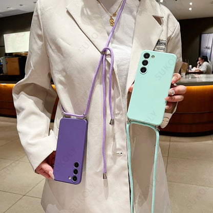 Crossbody Lanyard Soft Case For Samsung Galaxy S23 FE S25 Edge S26 S24 Ultra A17 A57 A37 A55 A56 A16 5G Liquid Silicone Cover
