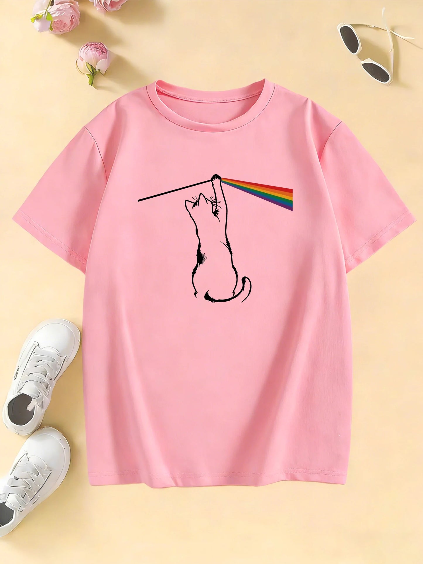 Fashion Rainbow Cat Design Printed T Shirts Kids Children's T-shirt Boys Girls Summer Spring Casual Top Tee