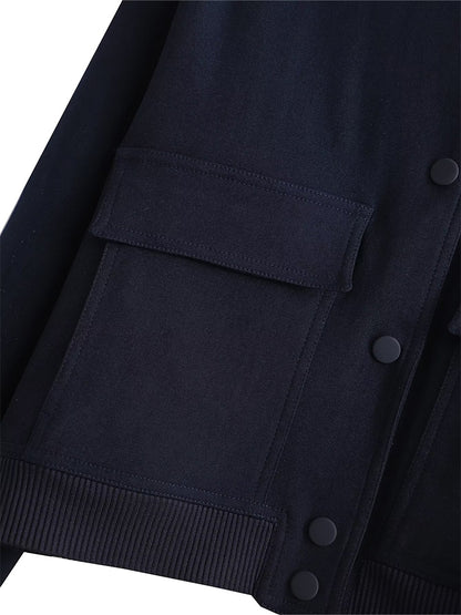 Women Bomber Jacket - Solid V Neck Single Breasted Polyester Coat With Pockets