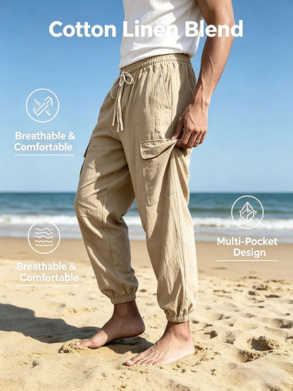 Men's Cotton Linen blend Cargo Jogger Pants Elastic Waist Drawstring Multi Pockets Casual Breathable Streetwear Trousers for Men