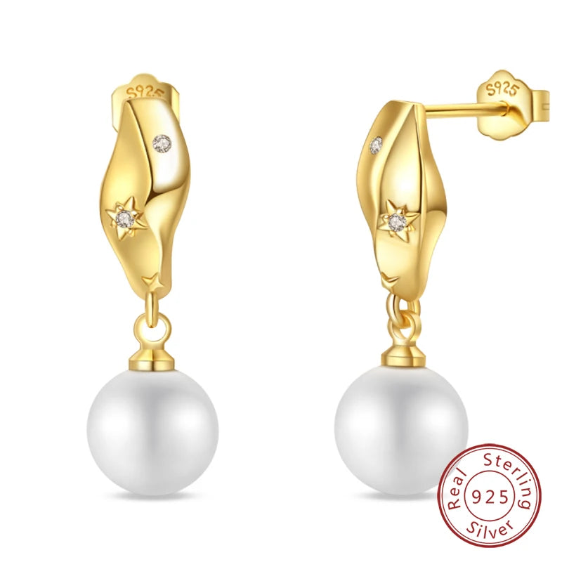 Silver Gold Pearl Earrings - 925 Sterling Silver Bee Star Moon Design Studs