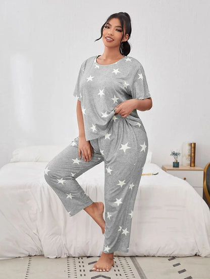 5XL Big Size Pajamas For Women Summer Autumn Faux Cotton Pajama Set  Short Sleeved Casual Loose Luxury Print Sleepwear Pijama