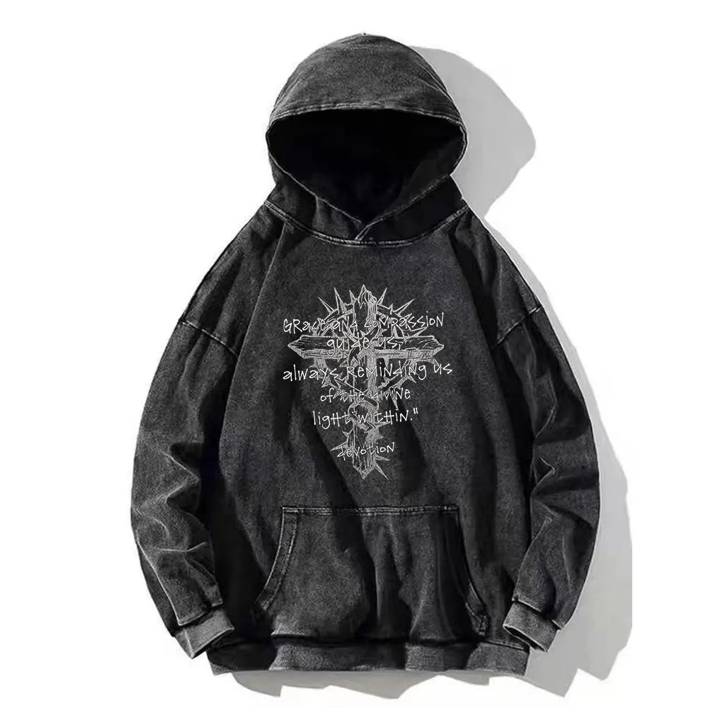 Vintage PSALM 91:11 Print Cotton Washed Hoodie Casual Hip Hop Men Women High Street Retro Hooded Sweatshirt Winter Pullover