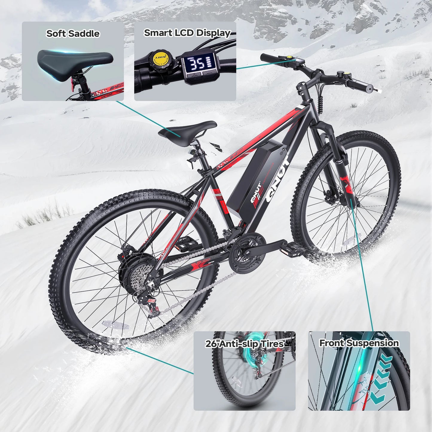 QNUT Victor3.0 Mountain Electric Bicycle 1000W 36V 10.4AH Electric Bike 26' Tire All-Terrain Ebike Urban Off-Road Commuter Adult E-Bike