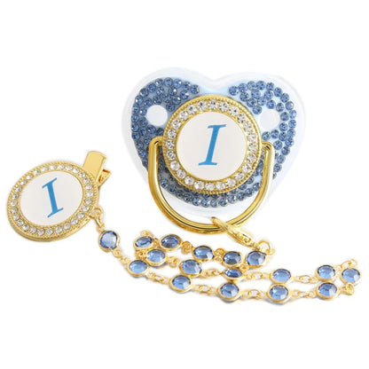 Blue Baby Pacifier - Orthodontic Nipple Silicone Teether Toy with Rhinestone Chain Clip