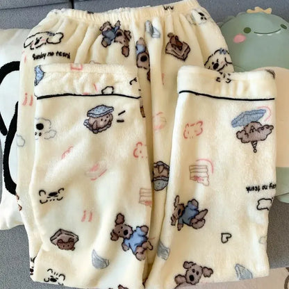 Plus Size Fluffy Winter Pajamas Women's Home Clothes Set Thickened Warmth Sleepwear with Running Dogs Design Cozy Indoor Suit