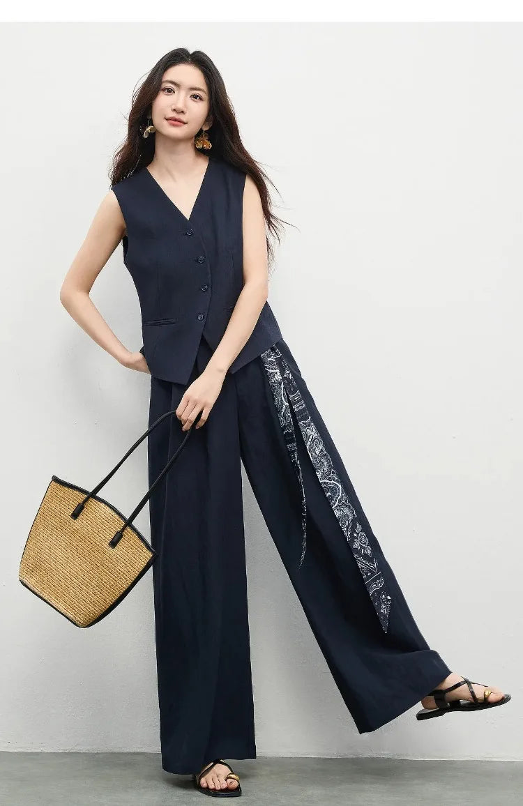 SENTUBILA Office 2 Piece Pant Set 2026 Women Linen Blend Summer Suit V Neck Waistcoat Wide Leg Baggy Pant Print Scarf 162ZA5663Z