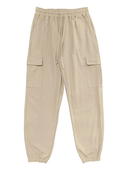 Men's Cotton Linen blend Cargo Jogger Pants Elastic Waist Drawstring Multi Pockets Casual Breathable Streetwear Trousers for Men