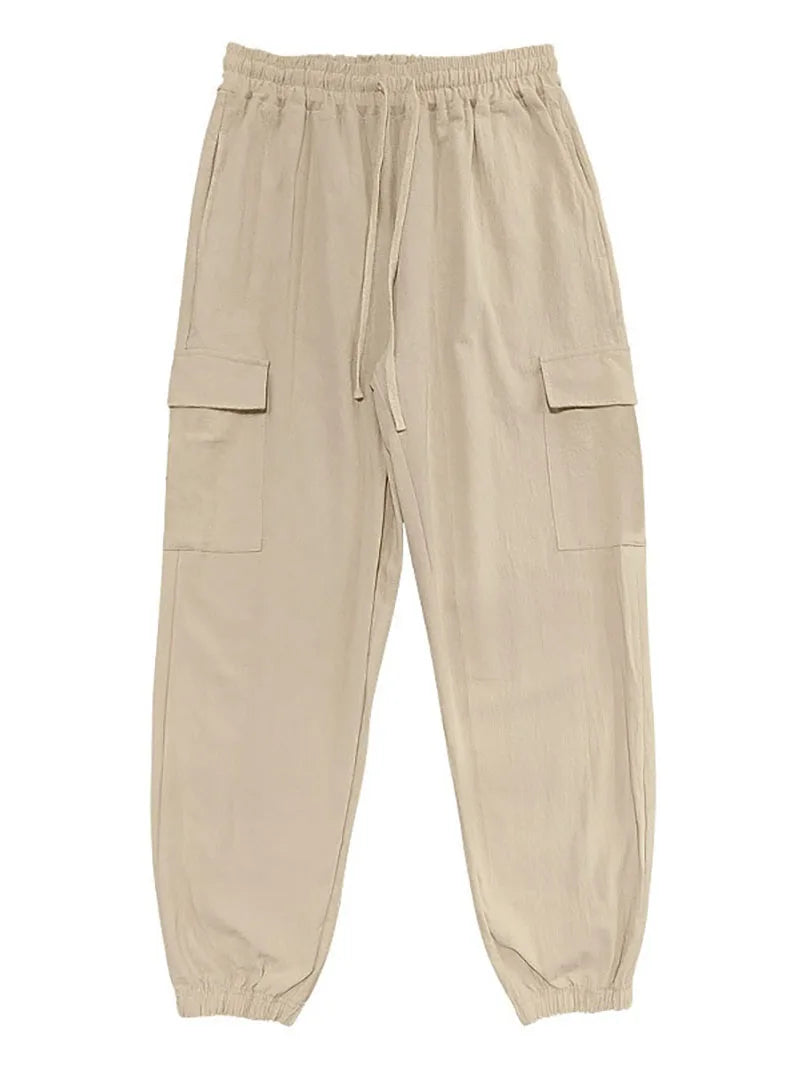 Men's Cotton Linen blend Cargo Jogger Pants Elastic Waist Drawstring Multi Pockets Casual Breathable Streetwear Trousers for Men