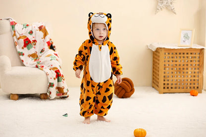 Baby Winter Rompers - Soft Polyester Hooded Jumpsuit With Animal Pattern, Machine Washable
