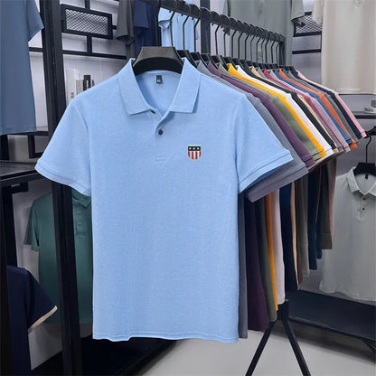 Men's Summer Luxury 100% Cotton Polo Shirt, Lapel Print Short Sleeve T-shirt, Breathable Business Casual Menswear