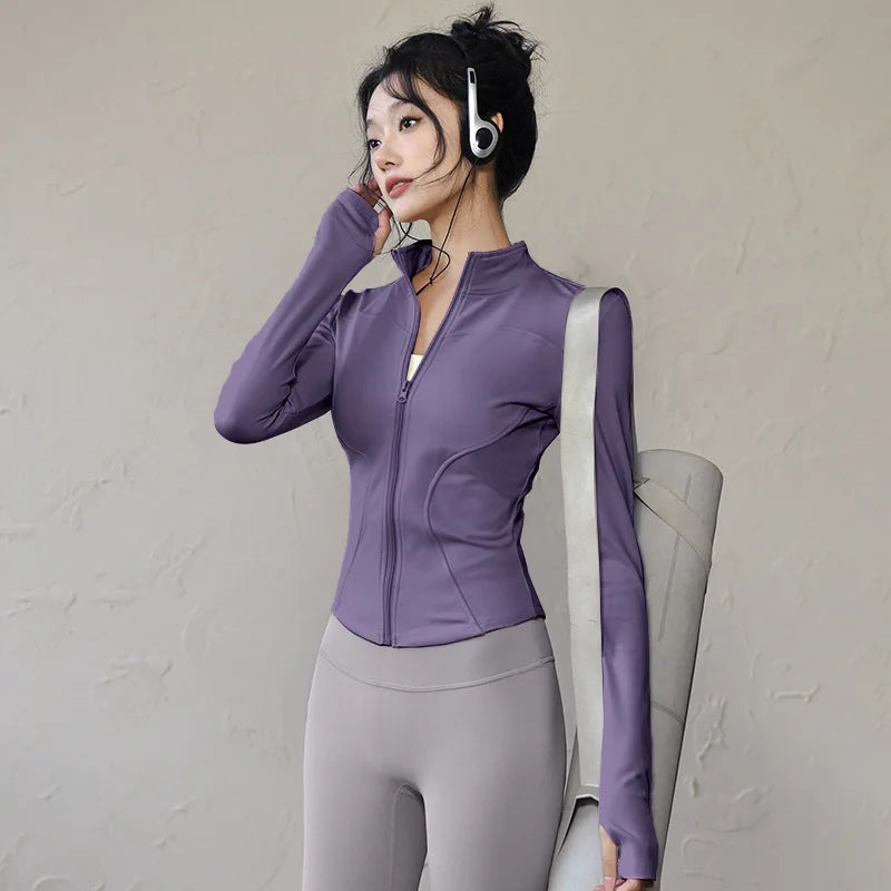 Women Sports Jacket - Long Sleeve Zip Fitness Shirt With Turn-Down Collar
