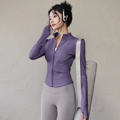 Women Sports Jacket - Long Sleeve Zip Fitness Shirt With Turn-Down Collar