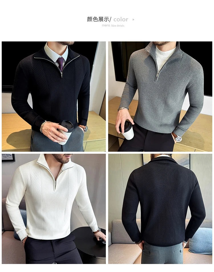 Men's Semi-Zip Knit Sweater - White (Gray/Black)  Winter Weight Fabric Fashionable Semi-High Neck Daily Wear