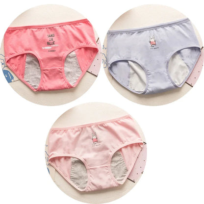 3PCS Cute Cartoon Period Underwear for Girls  Leakproof Teen Menstrual Panties 4-Layer Absorbent Reusable Washable Underwear