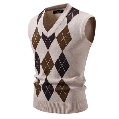 New Mens Argyle Knitwear Vest V Neck Sleeveless Casual Slim Fit Pullover Knitted Sweater Outdoor Streetwear Casual Tank Tops