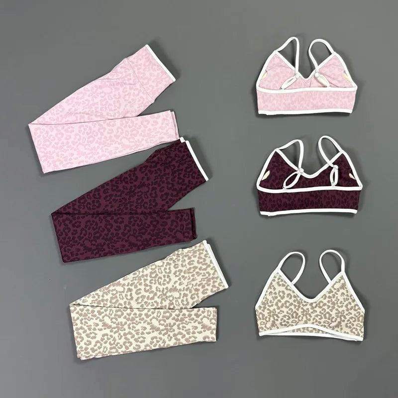 2 Pcs Fitness Sets Women Leopard Print Contrast Edge Removable Pad Bra Breathable Squat Proof Pants Suit Sports Workout Set