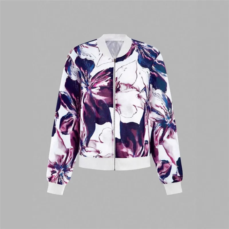 Baseball Collar Jacket – Women's Autumn Printed Zipper Outerwear Coat, Lightweight