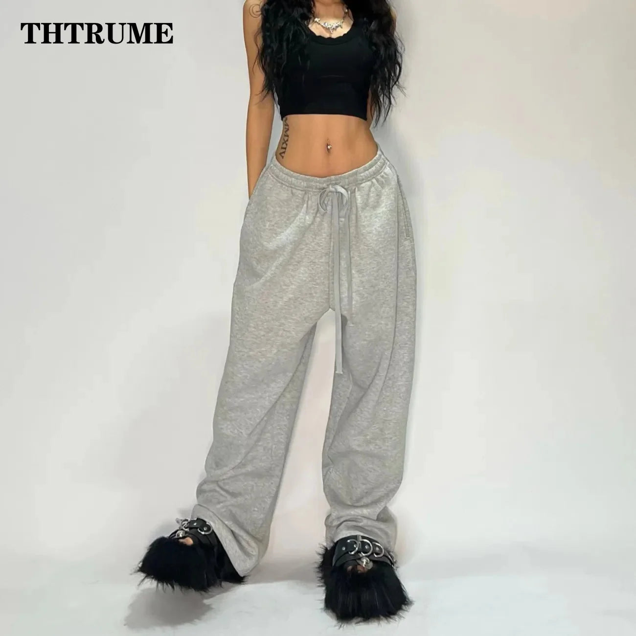 Casual Women Solid New Pant Fashion Summer Oversized Vintage Pocket Drawstring Wide Leg Pants Elegant Loose Baggy Chic Trousers