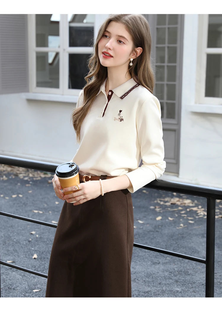 Polo Neck T-shirt - Long Sleeve Apricot Top With Embroidery Detail | Casual Women Shirt