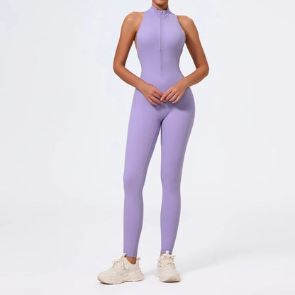 Summer V Back One-piece Suit Women Sports Jumpsuit Zippers Yoga Rompers Backless Sportswear Women Sleeveles Workout Bodysuits