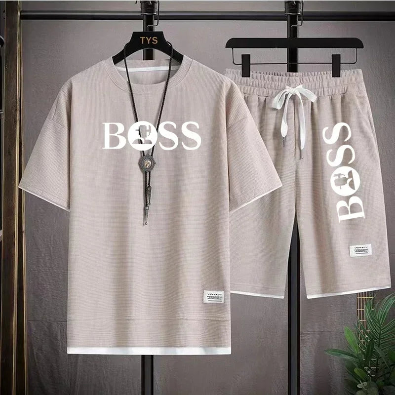 Fashion men's casual sports set new 2025 summer outdoor breathable round neck men short sleeve T-shirt + shorts two sets