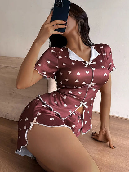 New Summer Women's Pajamas with Love Printed Collar, Short Sleeve Bow, Slim Fit, Comfortable and Soft Women's Home Clothes