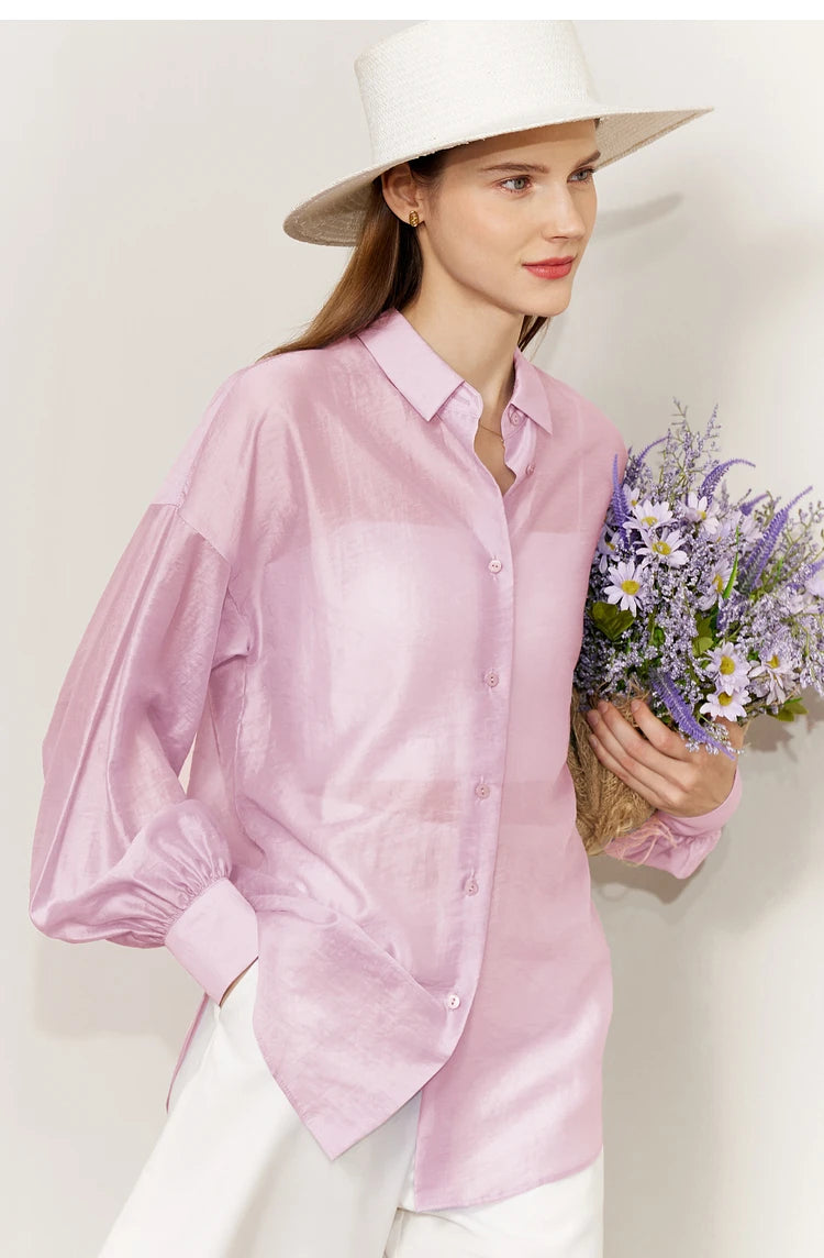 AMII Minimalist Blouse for Women 2023 Autumn Lantern Sleeve V-Neck Slightly Transparent Elegant Commuter Clothing Tops 72341030
