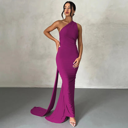 Hugcitar One Shoulder Backless Adjustable Scarf Loop Ruched Sexy Maxi Dress Women Elegant Y2K Streetwear Festival Outfit