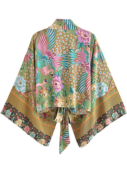 Boho Queens Women Peacock Floral Print Outfits Short Kimono Robe Bohemian Suits Wide Leg Pants 2 Pieces Rayon Boho Sets Swimsuit