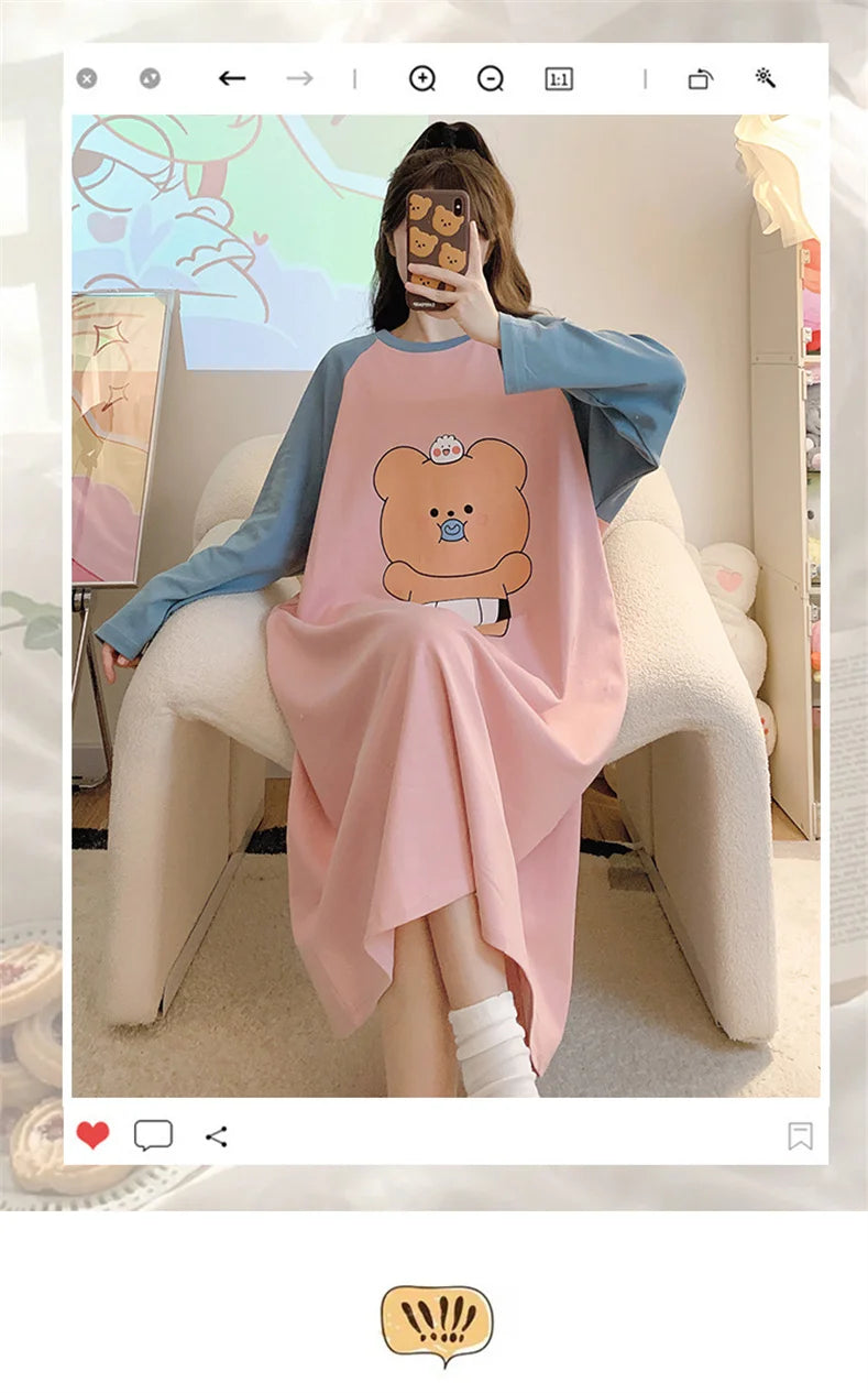 New Spring Summer Cotton Women's Pajamas Cute Long-sleeved Nightdress Cartoon Print Dress Home Service