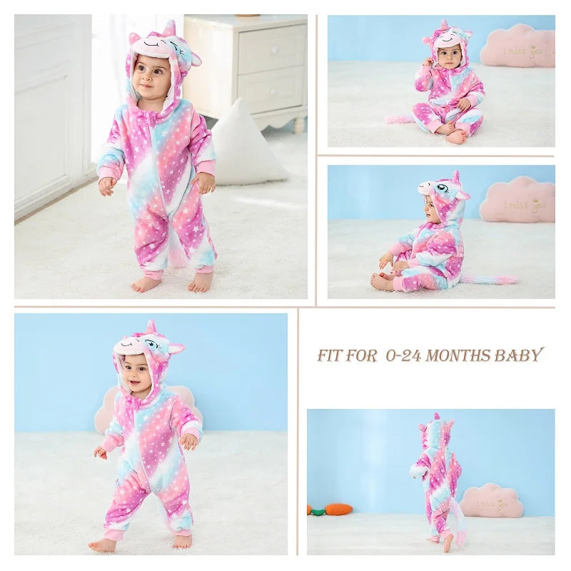 Baby Winter Rompers - Soft Polyester Hooded Jumpsuit With Animal Pattern, Machine Washable