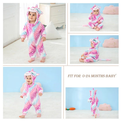 Baby Winter Rompers - Soft Polyester Hooded Jumpsuit With Animal Pattern, Machine Washable