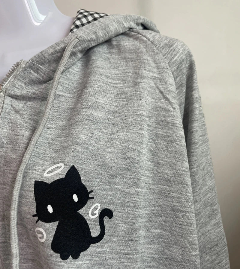 Zipper Hoodie Gothic Cartoon Kawaii Cat Ear Y2k Jacket Zip Up Thin Coat Spring Autumn Cute Core 2000s Clothes Fall Sweatshirts
